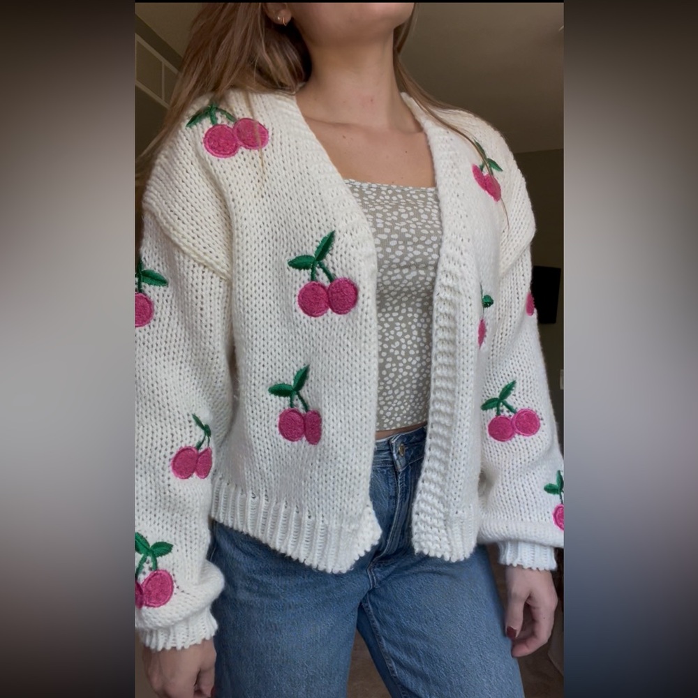 Altar’d State Cherry Embroidered Cream Sweater